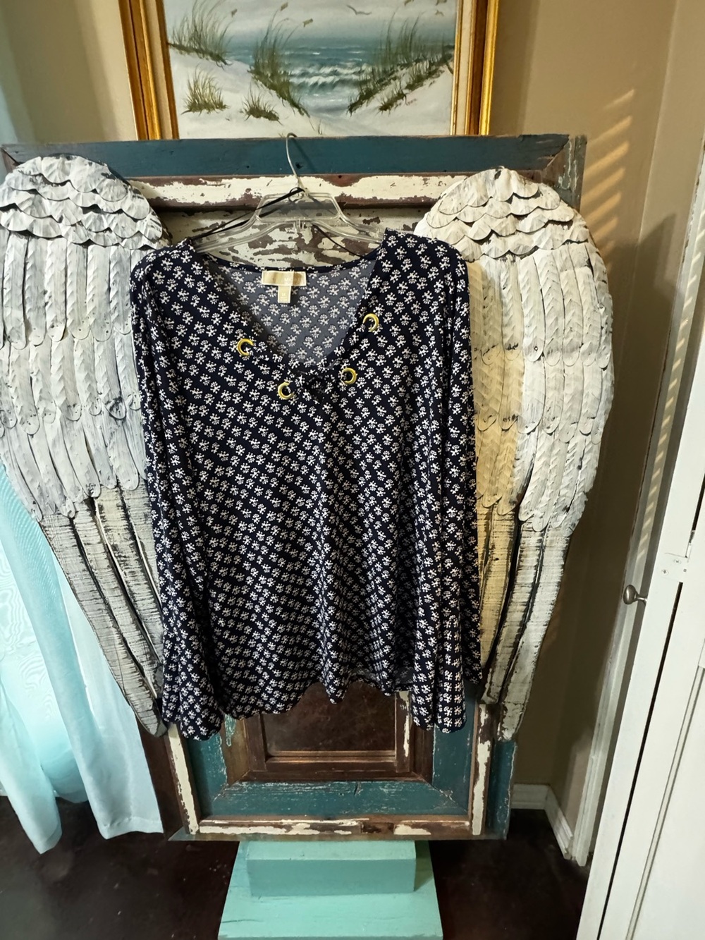 Michael Kors Navy Printed Lace-Up V Neck Bell shape Long Sleeve Top
